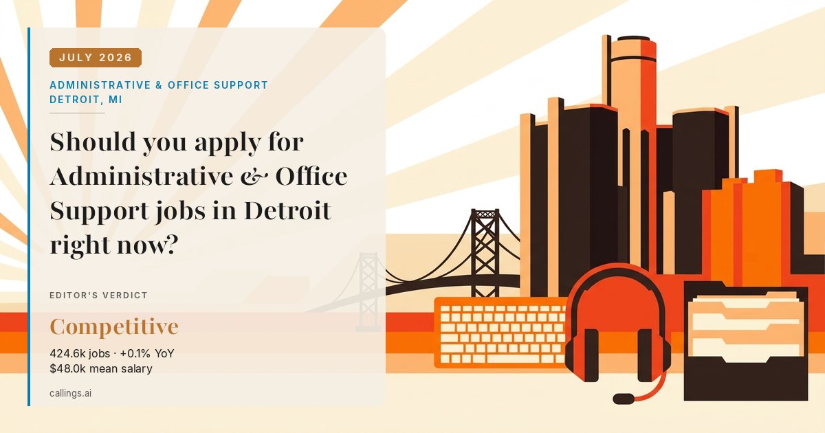 Administrative & Office Support job market report cover, Detroit-Warren-Dearborn, MI, 2026-07
