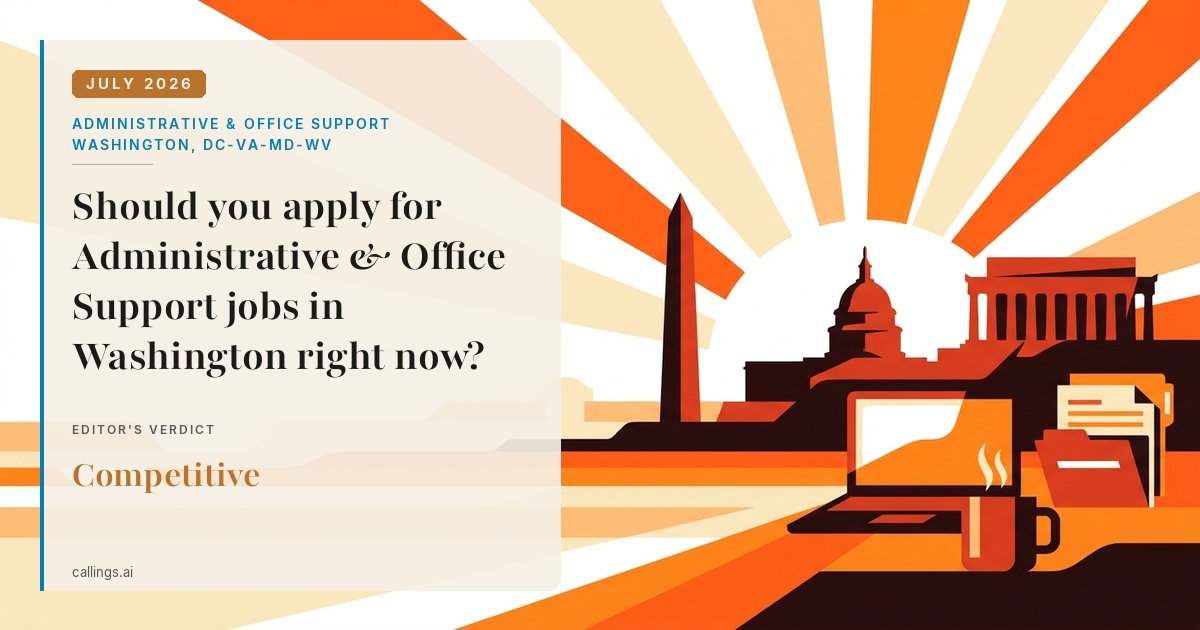 Administrative & Office Support job market report cover, Washington-Arlington-Alexandria, DC-VA-MD-WV, 2026-07