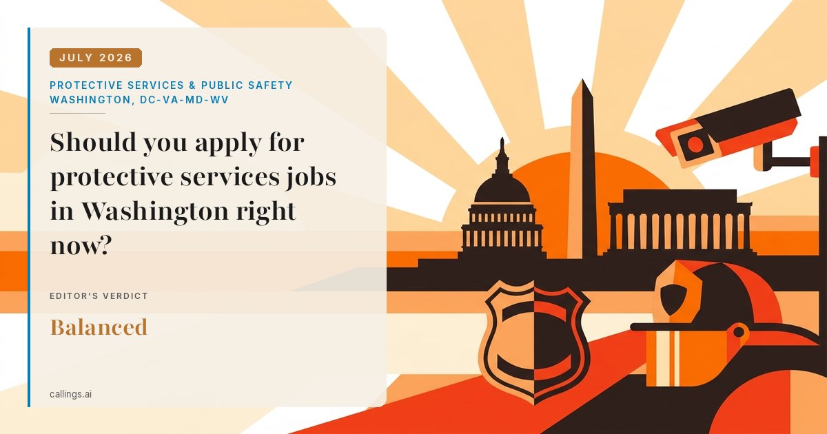 Protective Services & Public Safety job market report cover, Washington-Arlington-Alexandria, DC-VA-MD-WV, 2026-07