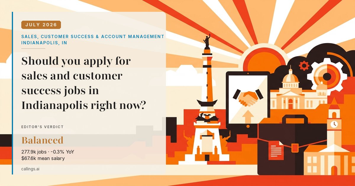 Sales, Customer Success & Account Management job market report cover, Indianapolis-Carmel-Greenwood, IN, 2026-07