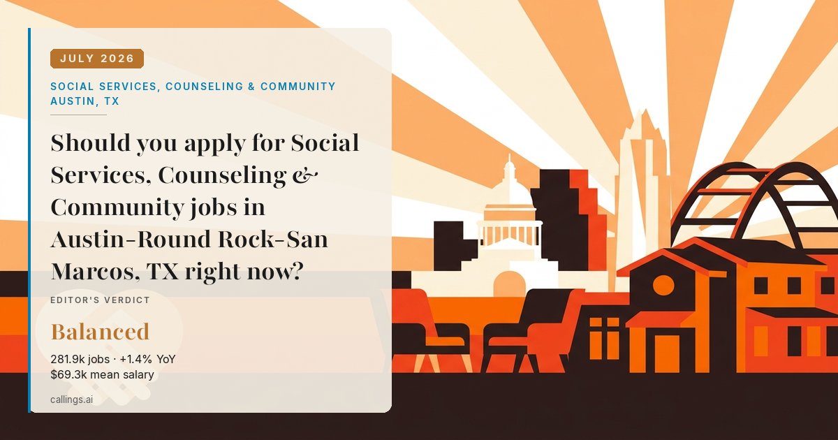 Social Services, Counseling & Community job market report cover, Austin-Round Rock-San Marcos, TX, 2026-07