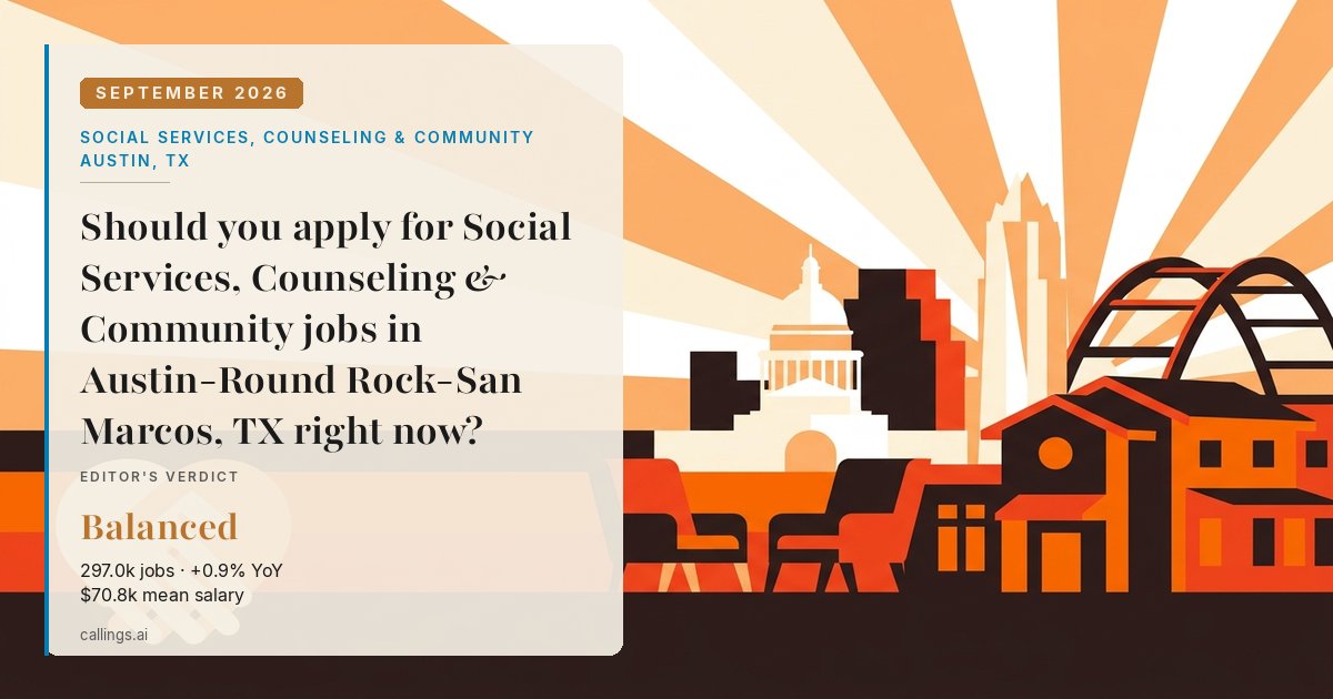 Social Services, Counseling & Community job market report cover, Austin-Round Rock-San Marcos, TX, 2026-09