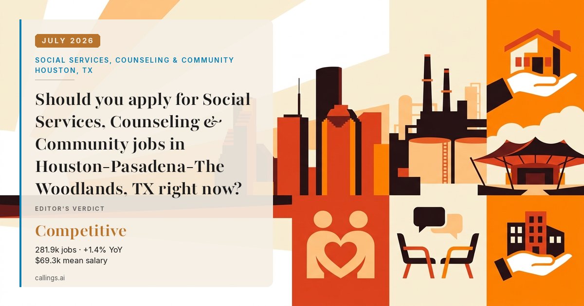 Social Services, Counseling & Community job market report cover, Houston-Pasadena-The Woodlands, TX, 2026-07