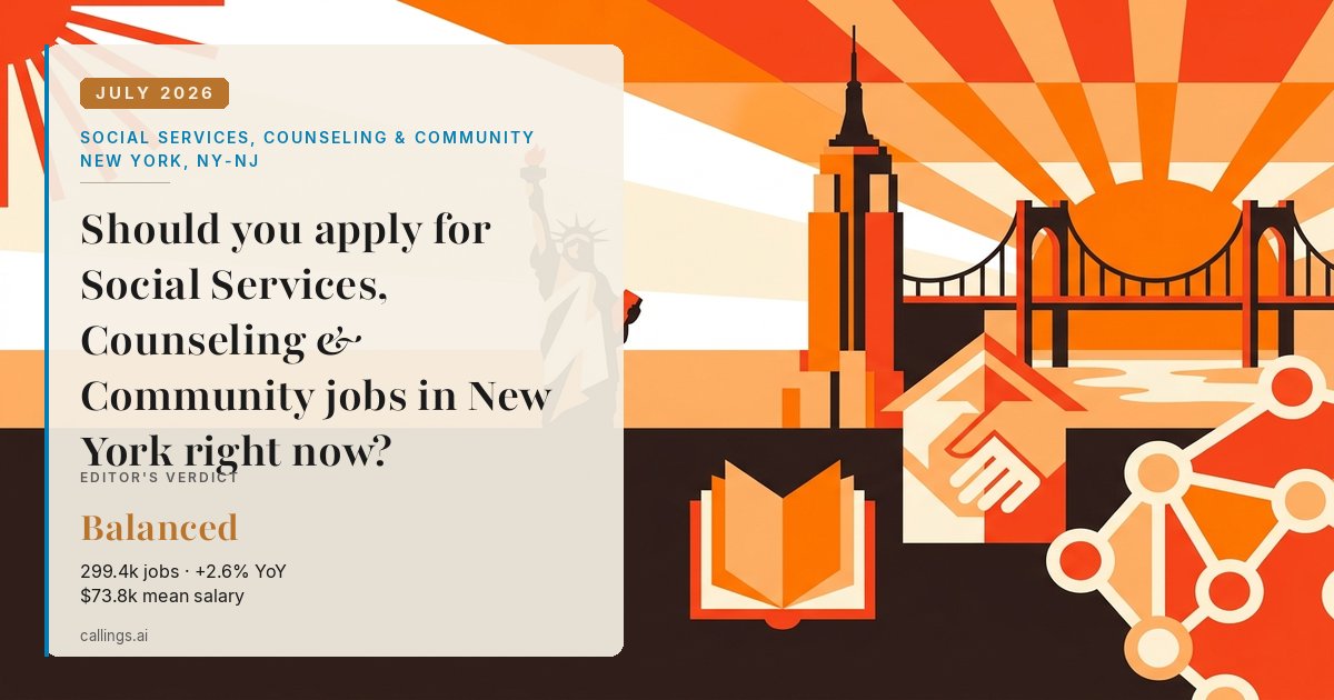 Social Services, Counseling & Community job market report cover, New York-Newark-Jersey City, NY-NJ, 2026-07