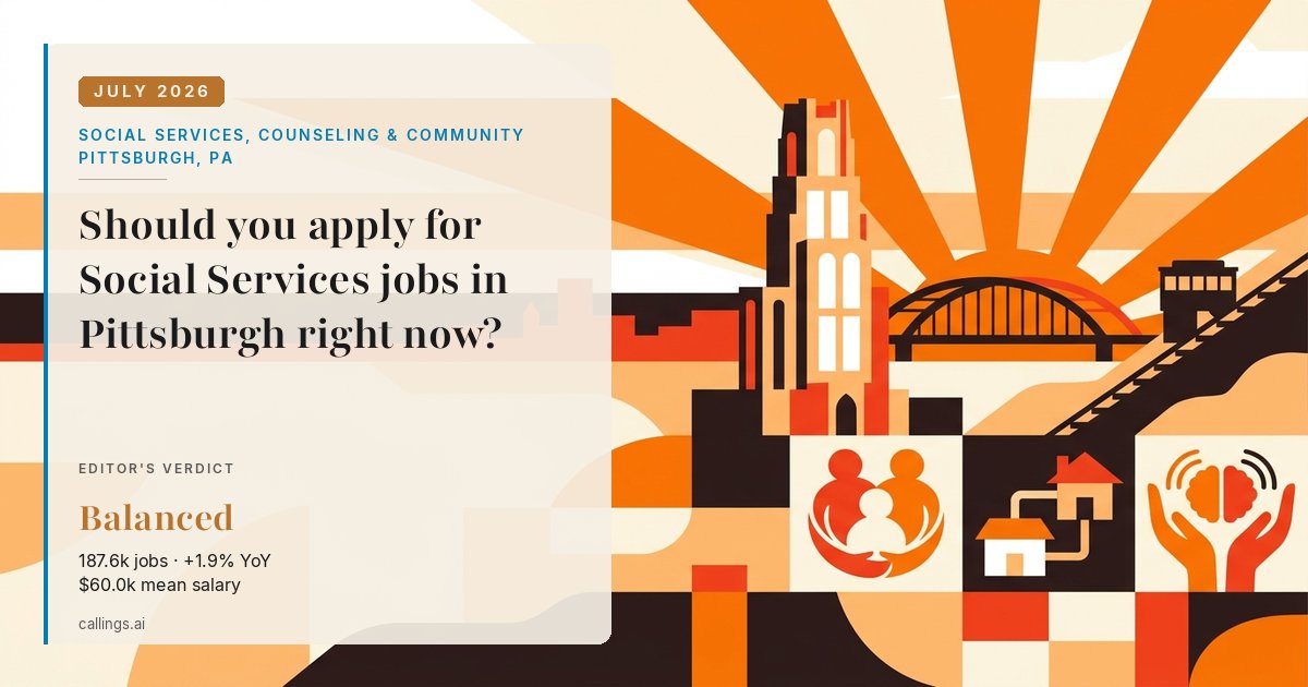 Social Services, Counseling & Community job market report cover, Pittsburgh, PA, 2026-07