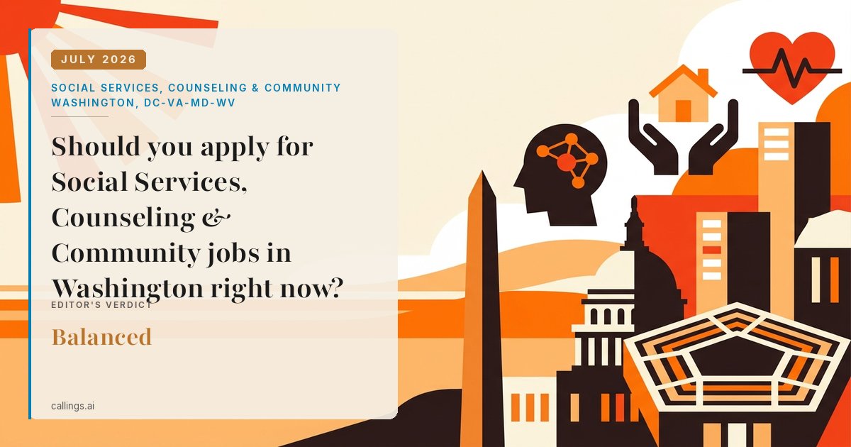 Social Services, Counseling & Community job market report cover, Washington-Arlington-Alexandria, DC-VA-MD-WV, 2026-07