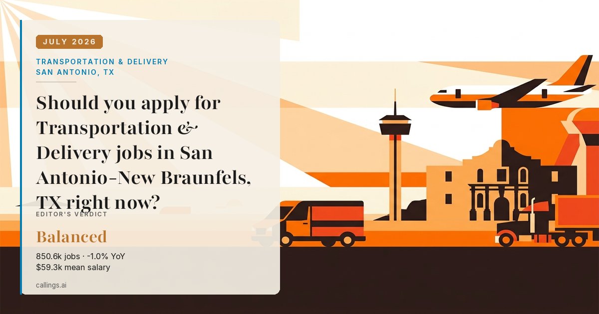 Transportation & Delivery job market report cover, San Antonio-New Braunfels, TX, 2026-07