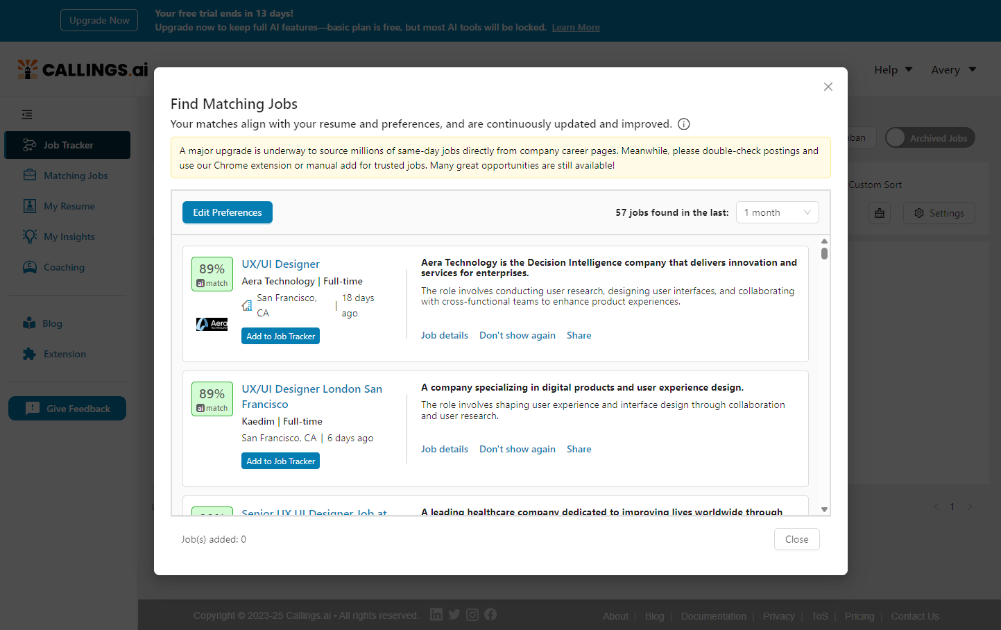 Matching Jobs Overview Screenshot