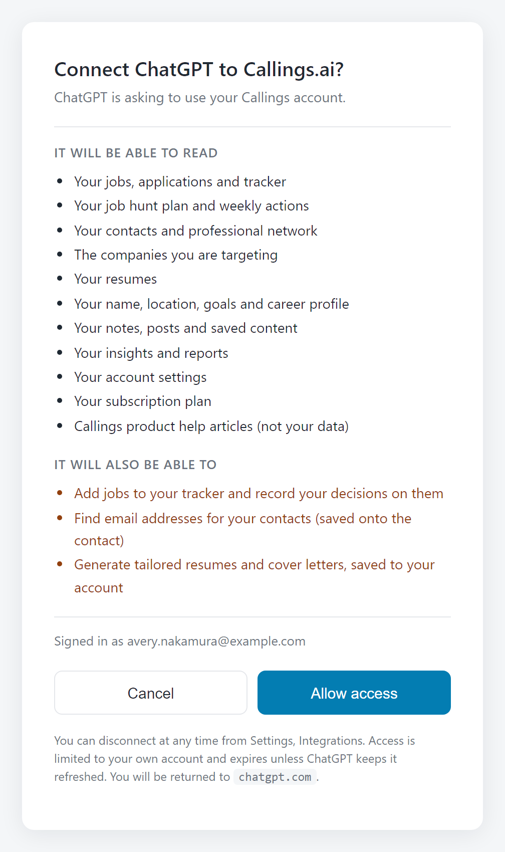 The Callings approval screen, listing what ChatGPT will be able to read and what it will be able to change