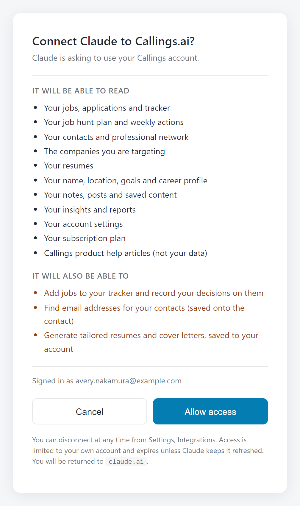 The Callings approval screen, listing what Claude will be able to read and what it will be able to change