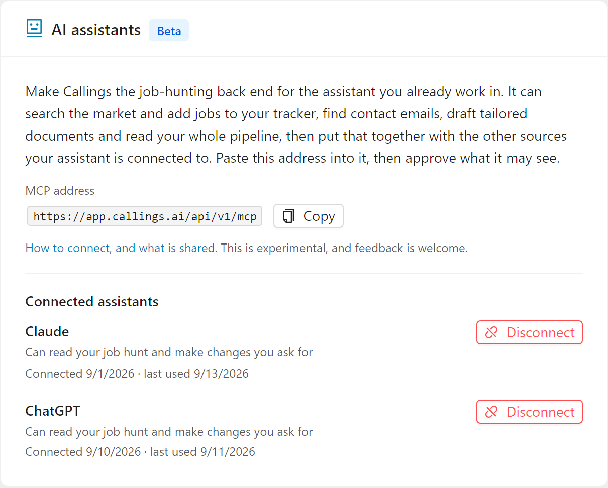 The AI assistants card in Settings, listing each connected app with what it can do and a Disconnect button