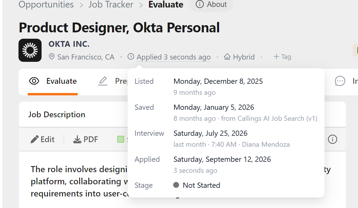 The job header with its timeline open