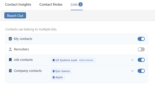 A person's Lists tab with the job picker open