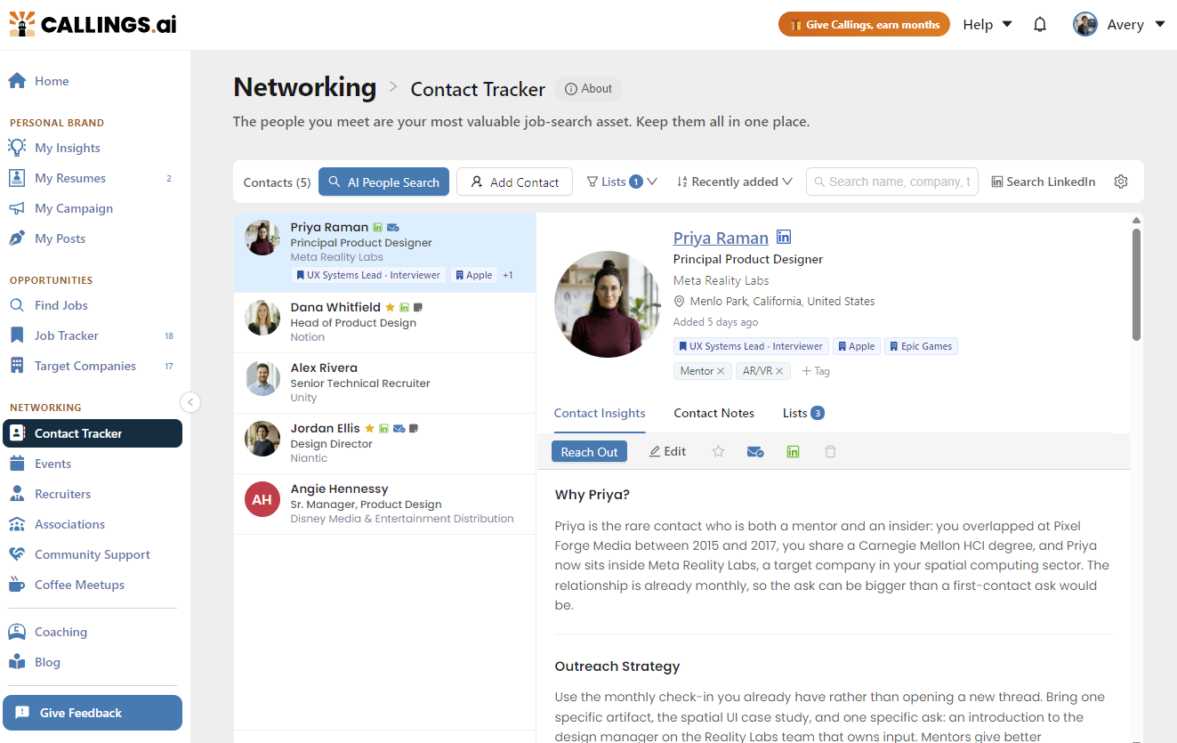 The People page with a contact selected