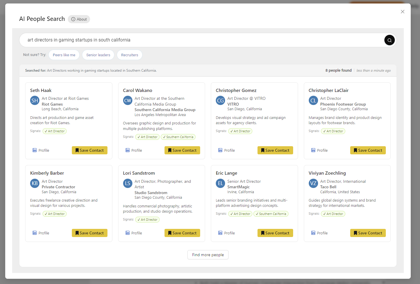 The AI People Search modal with results