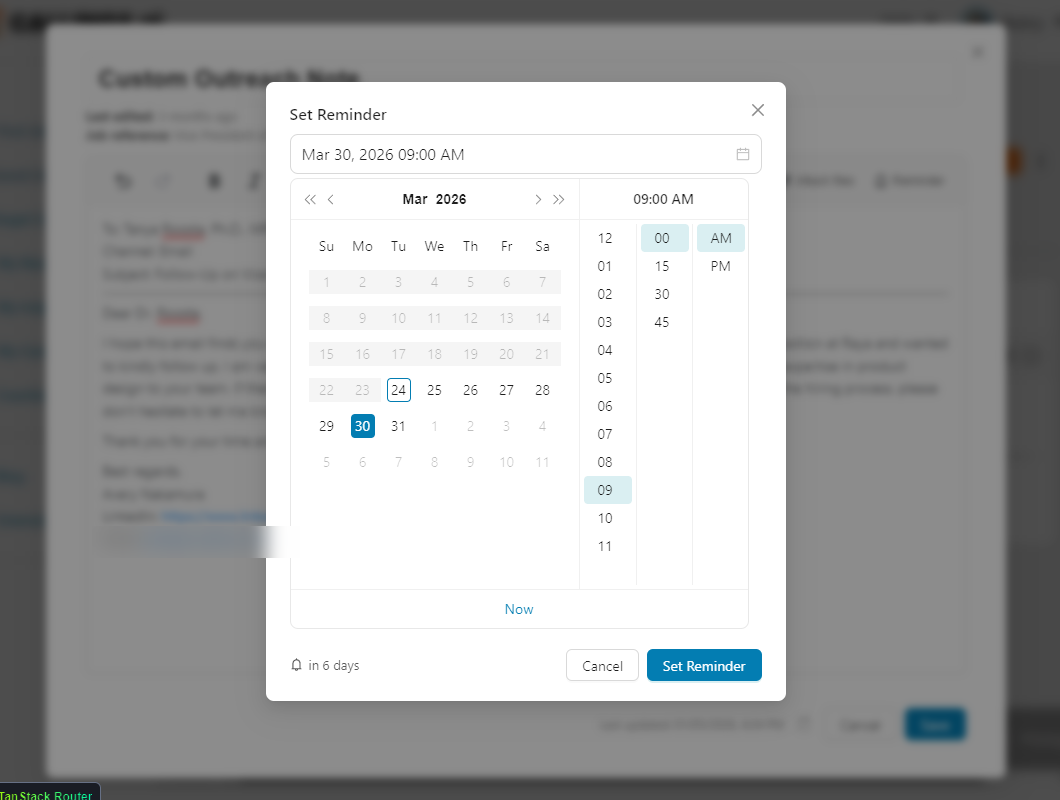 Note Reminder Set in Modal