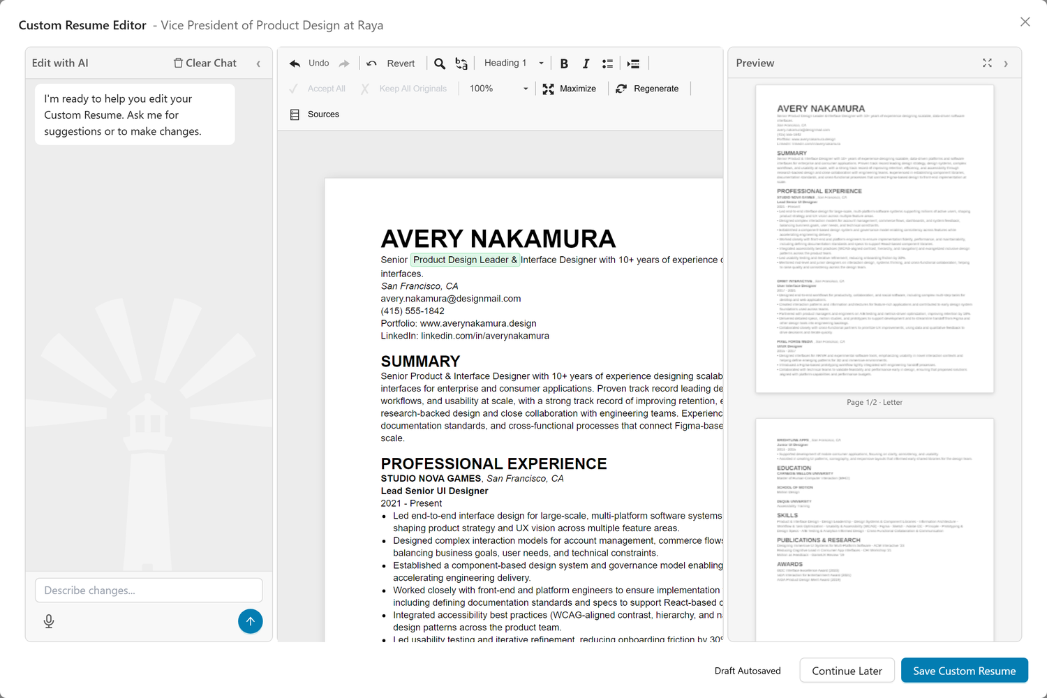 Custom Resume Editor - Reviewing Suggestions