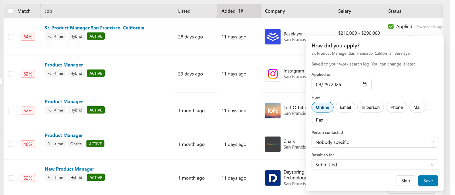 How did you apply? panel in the Job Tracker