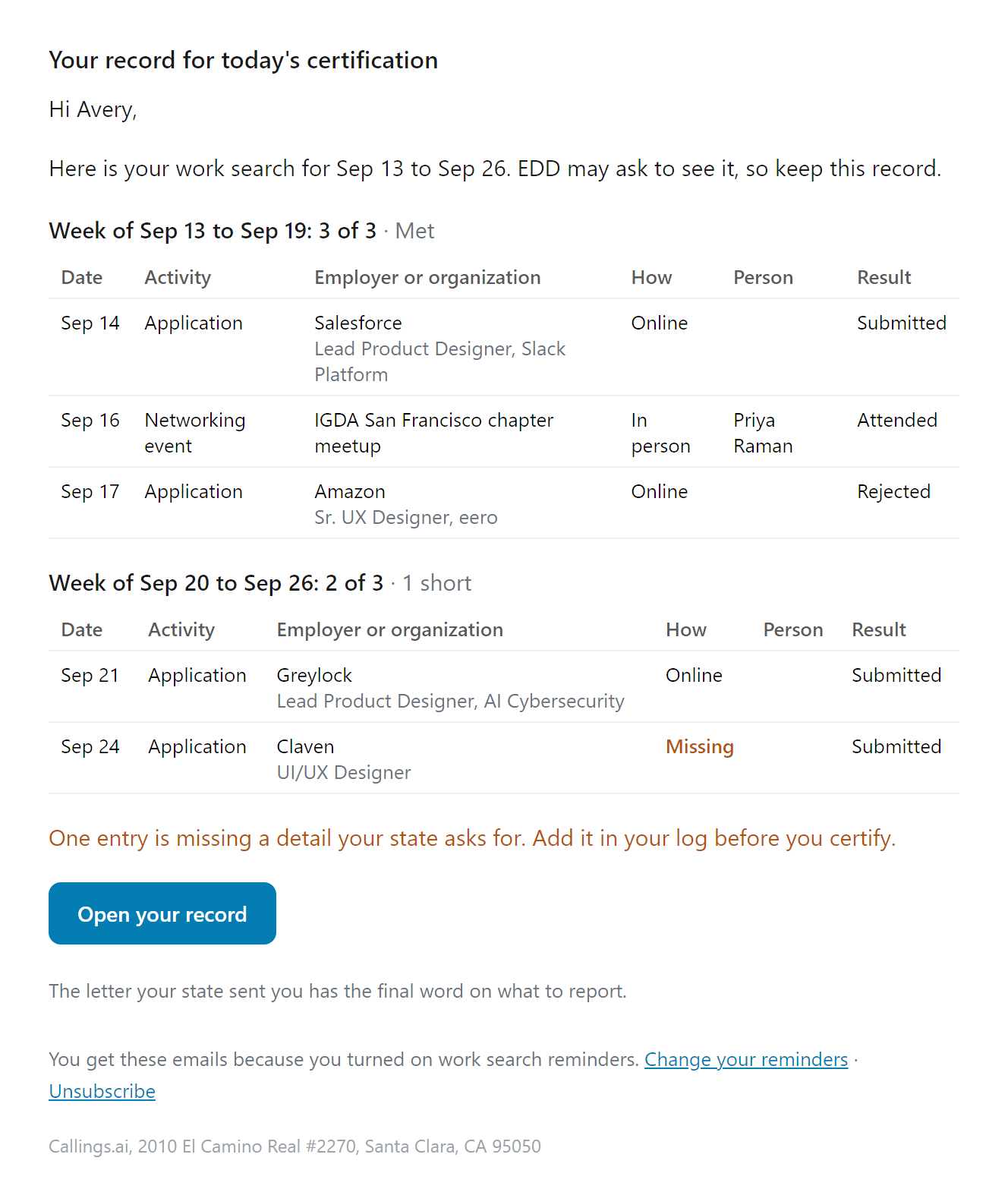 Certification-day email: two weeks of activities, one week short and one entry missing how the application was made