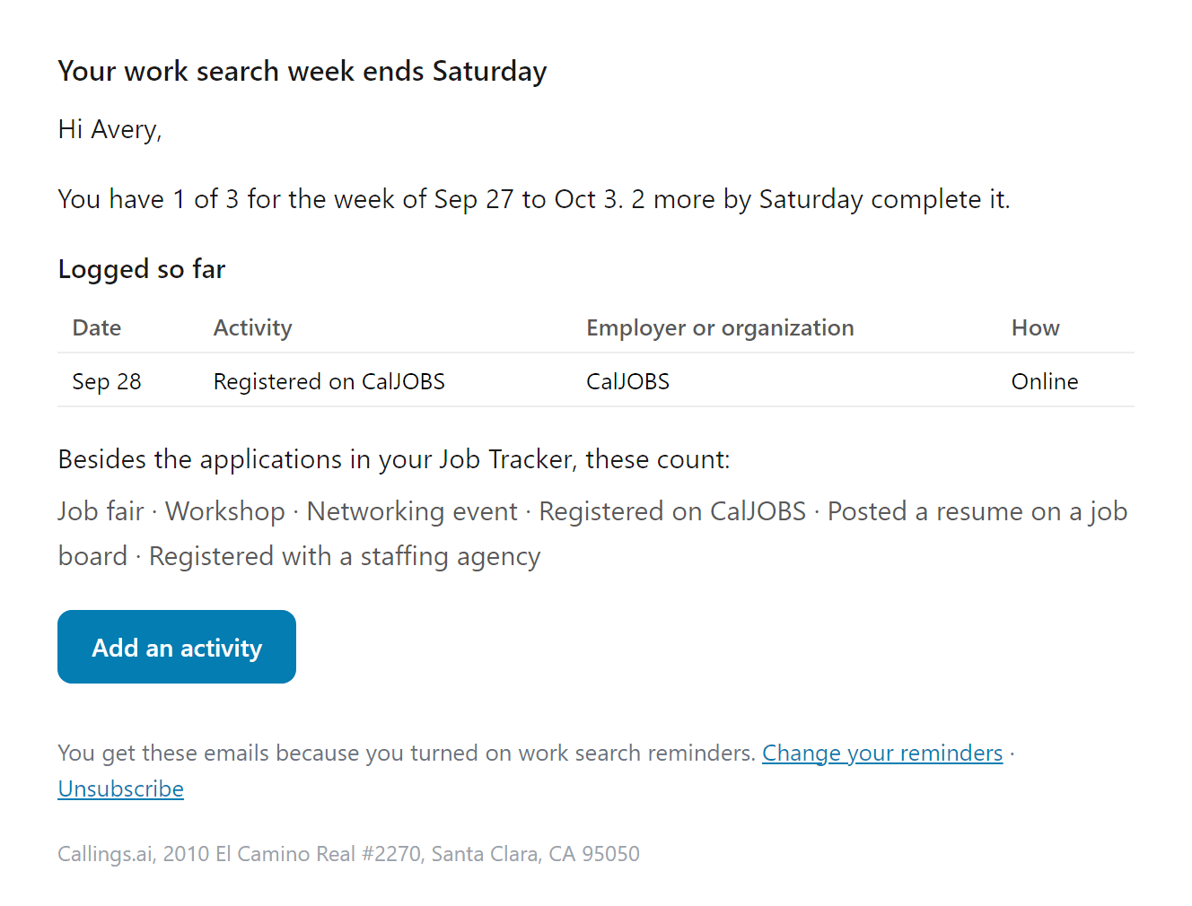 Friday email: one of three activities logged, two days left
