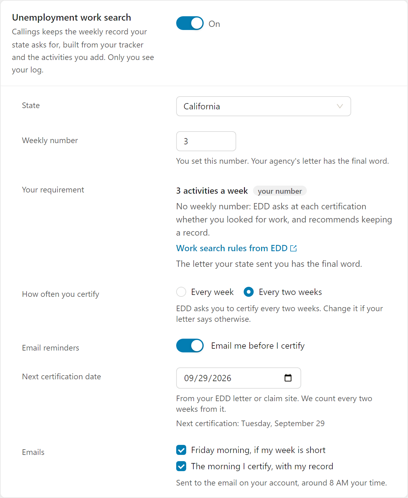 The Unemployment work search settings with email reminders on