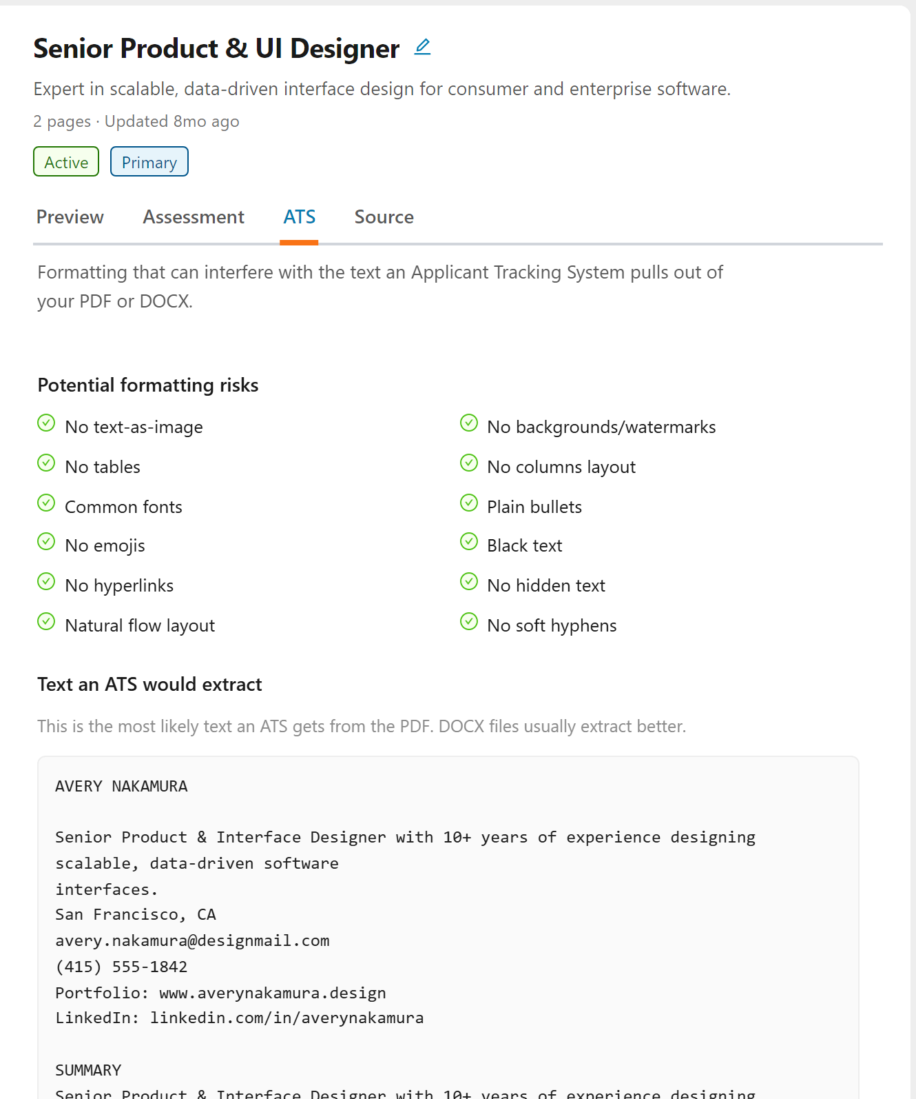 The ATS tab of a resume, with the formatting checks and the text an ATS would extract