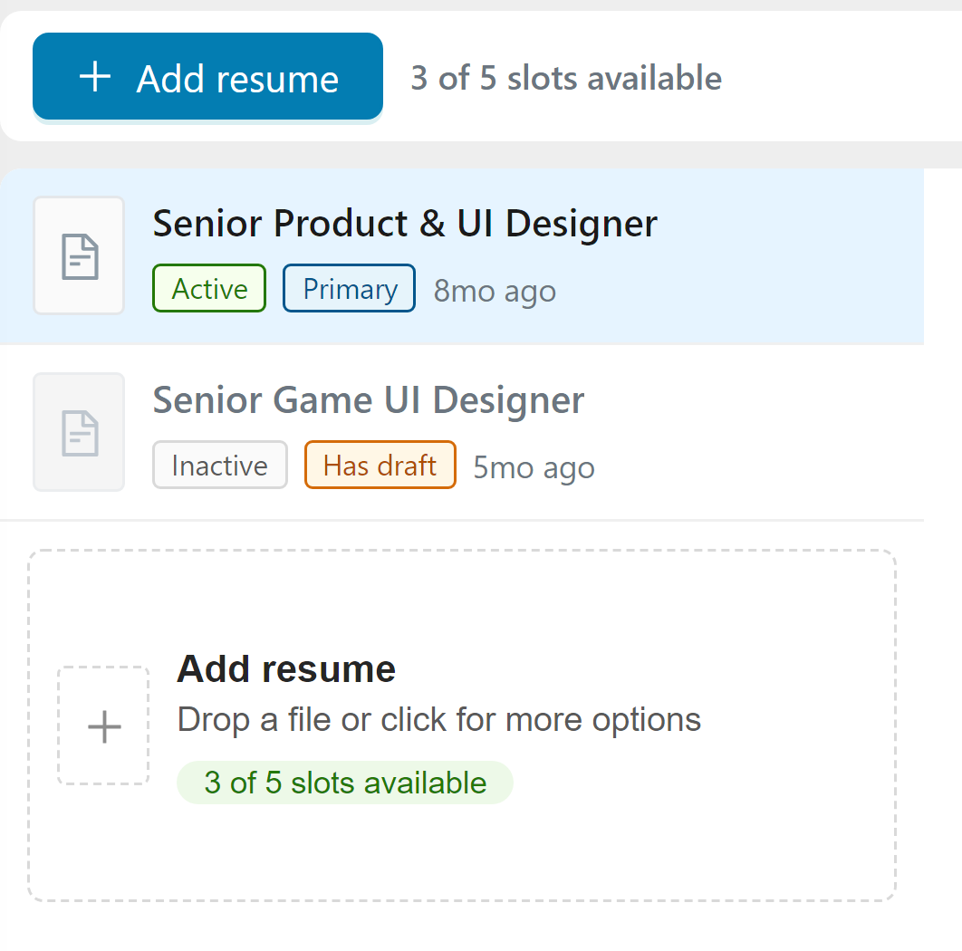 The My Resumes list, with the Add resume button above it and the Add resume row at the end
