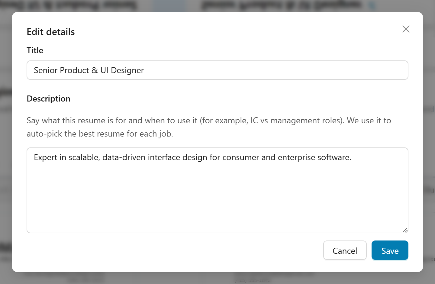 The Edit details dialog, with a resume's title and description