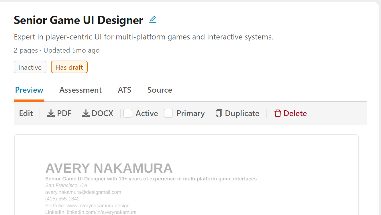 An inactive resume with a draft waiting, and the toolbar of its Preview tab