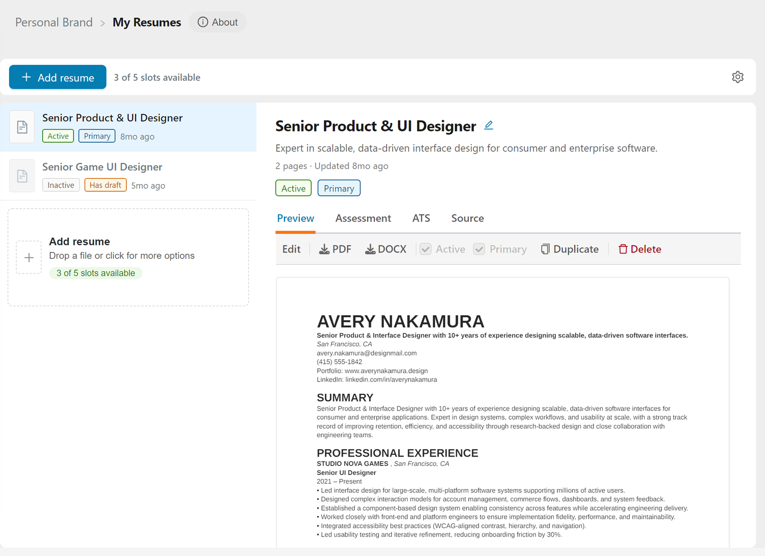 My Resumes, with the resume list on the left and the selected resume on the right