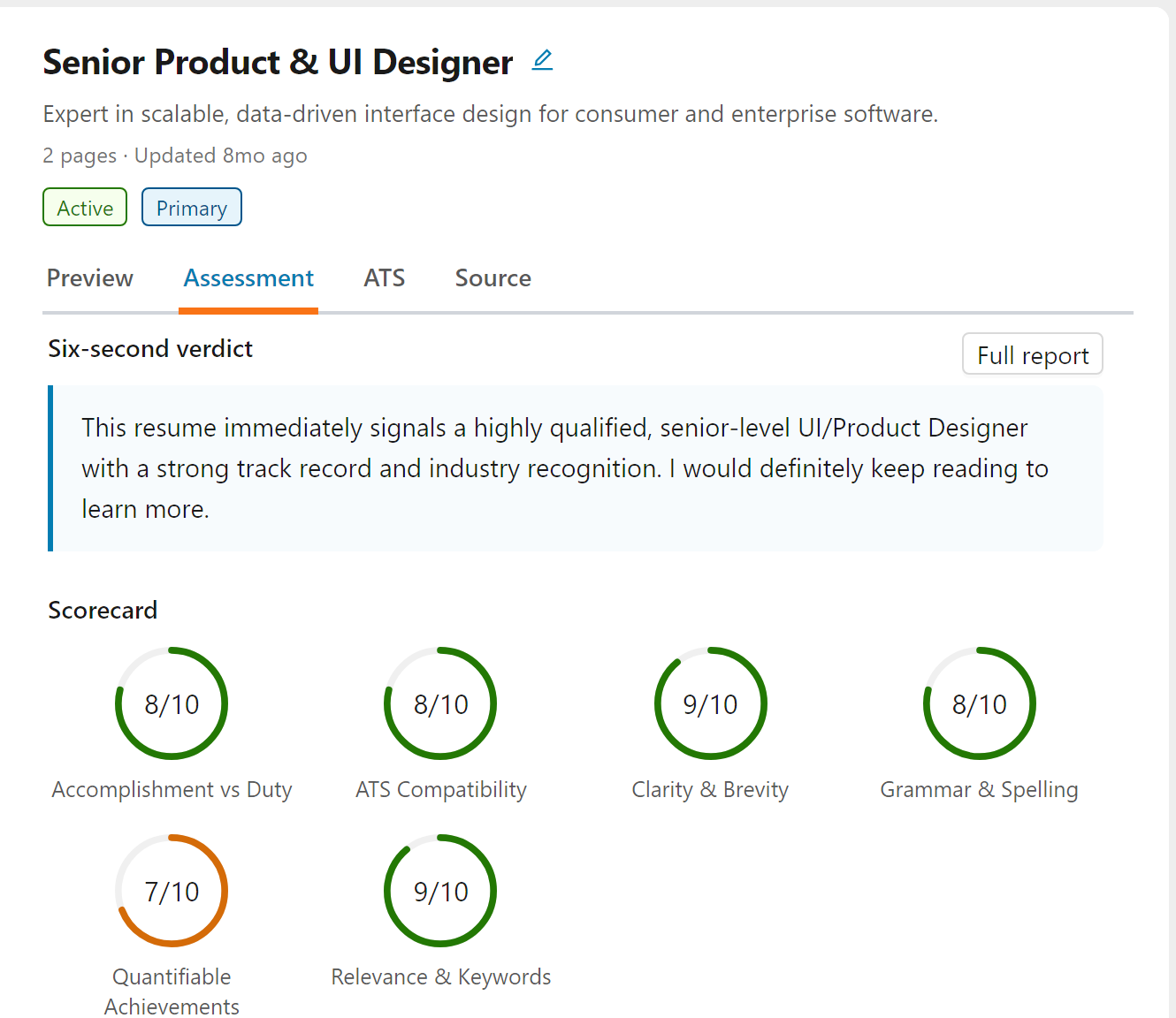 The Assessment tab of a resume, with the six-second verdict and the scorecard