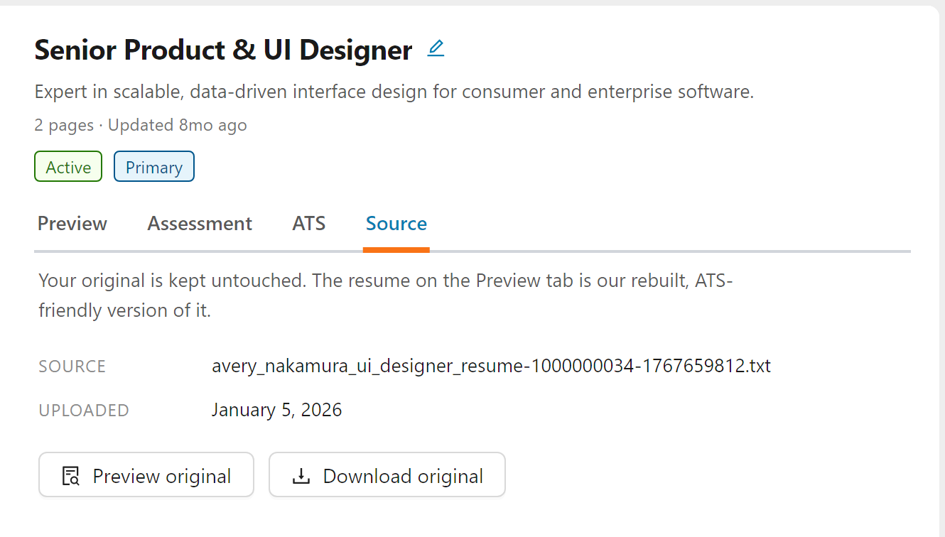 The Source tab of a resume, with the file name, the upload date, and the Preview original and Download original buttons
