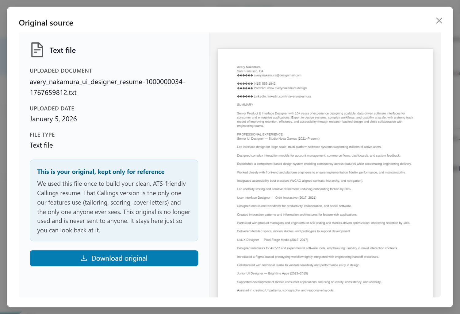 The Original source popup, with the file details on the left and a preview of the original on the right