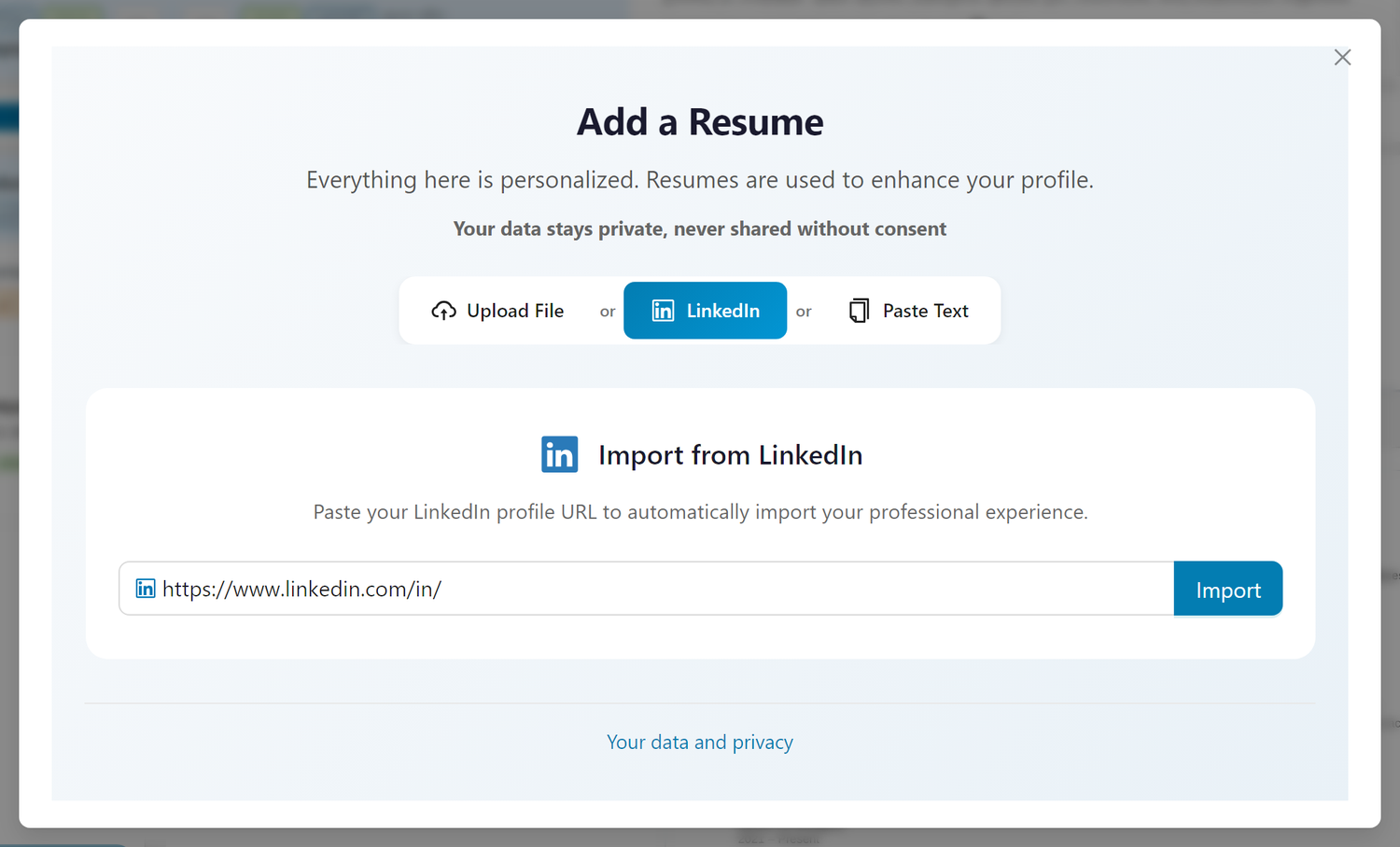 The Add a Resume dialog on the LinkedIn tab, with the profile URL field and the Import button