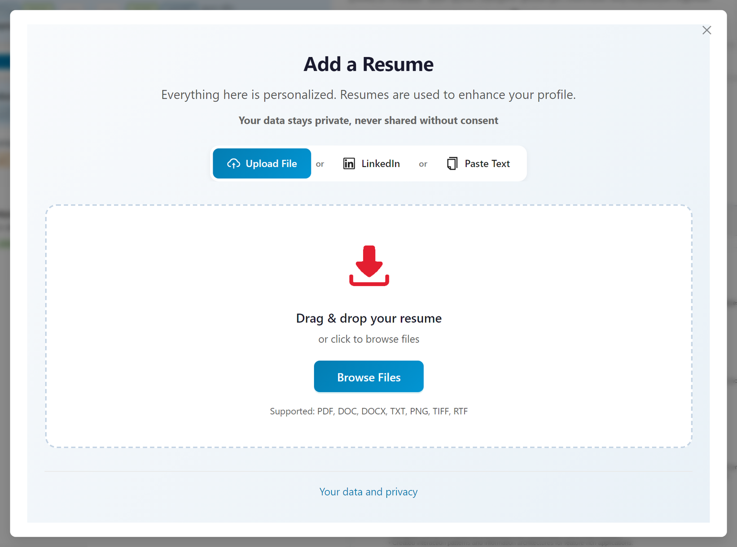 The Add a Resume dialog on the Upload File tab, with the drop area and the Browse Files button