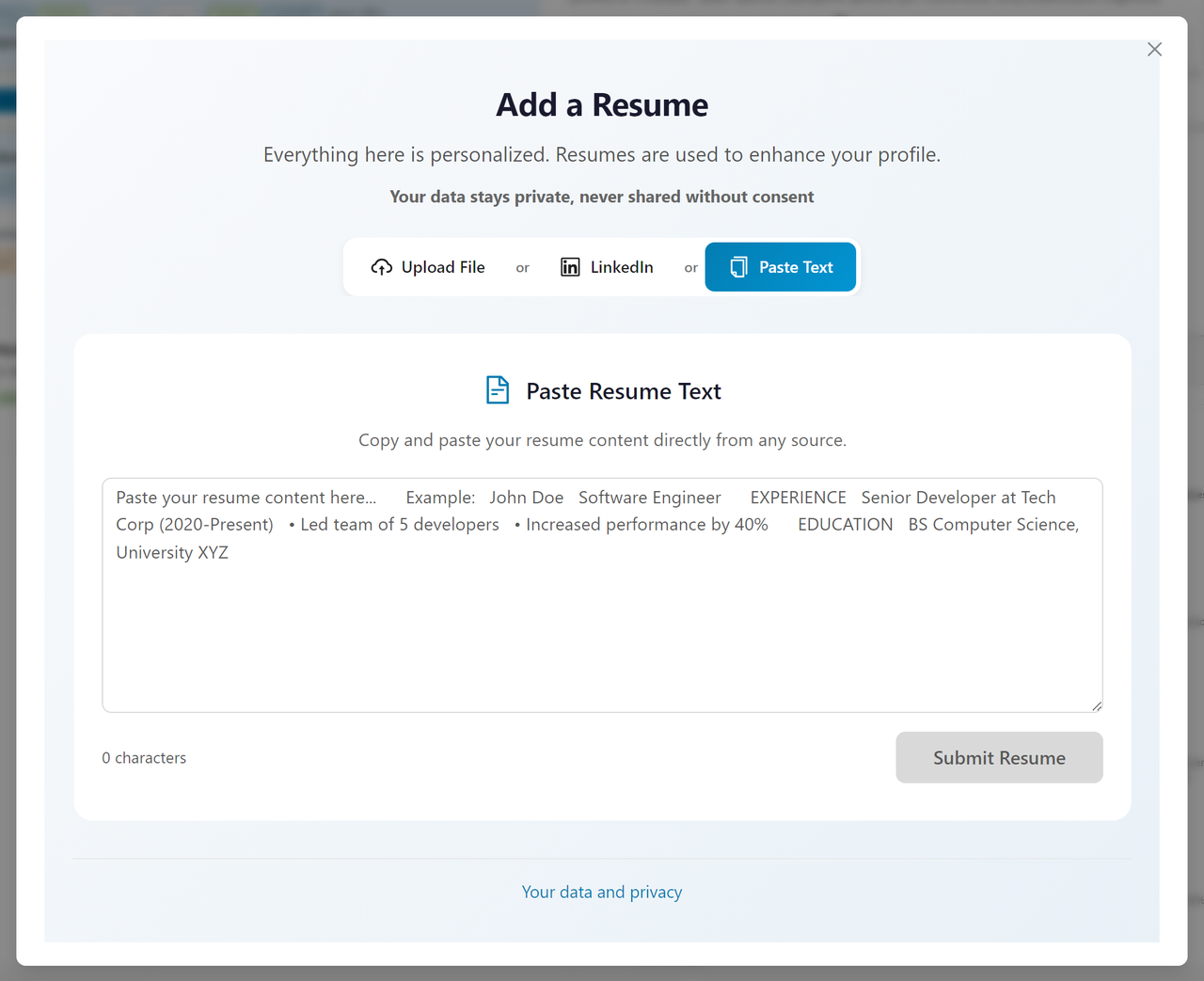 The Add a Resume dialog on the Paste Text tab, with the text area and the Submit Resume button