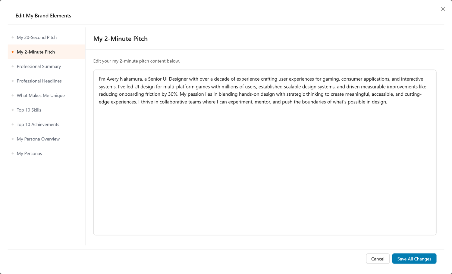 Edit 2-Minute Pitch Modal