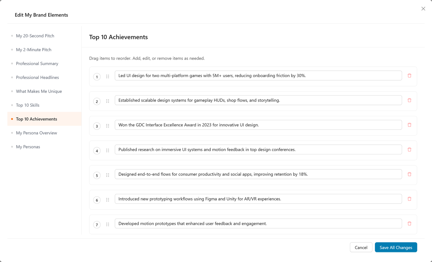 Edit Top 10 Achievements Modal