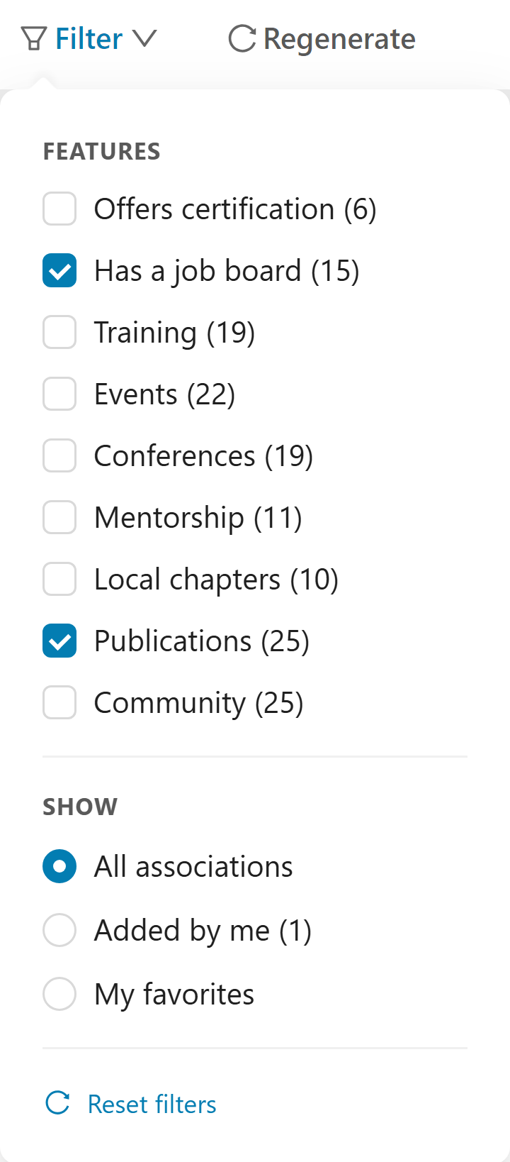 Organizing your saved associations list