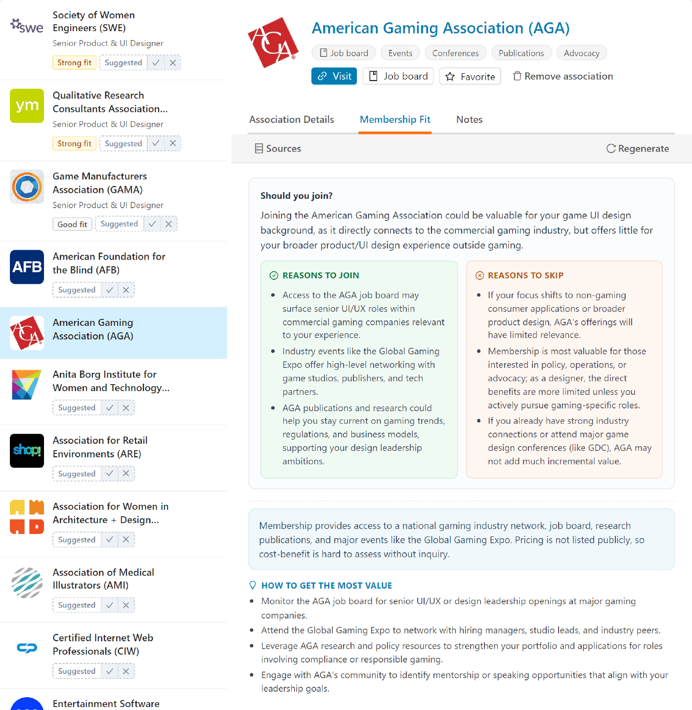 Membership Fit analysis on an association detail view