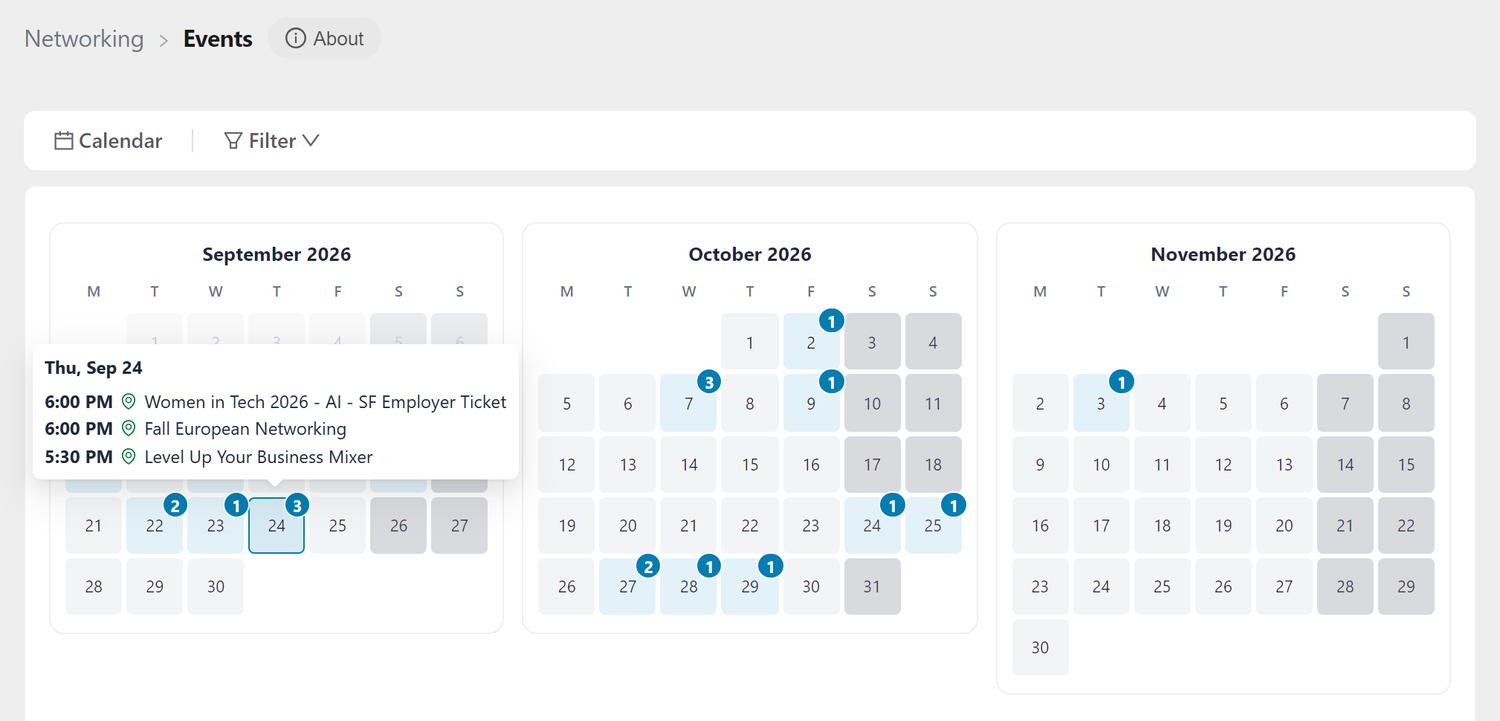 Calendar view of matched networking events