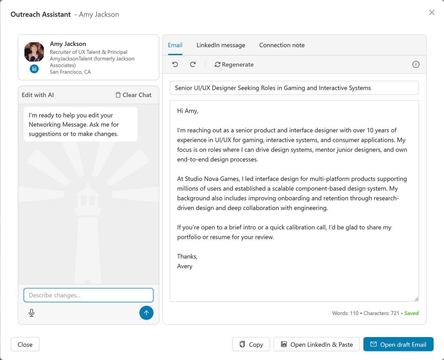 Reaching out to a recruiter with the outreach editor