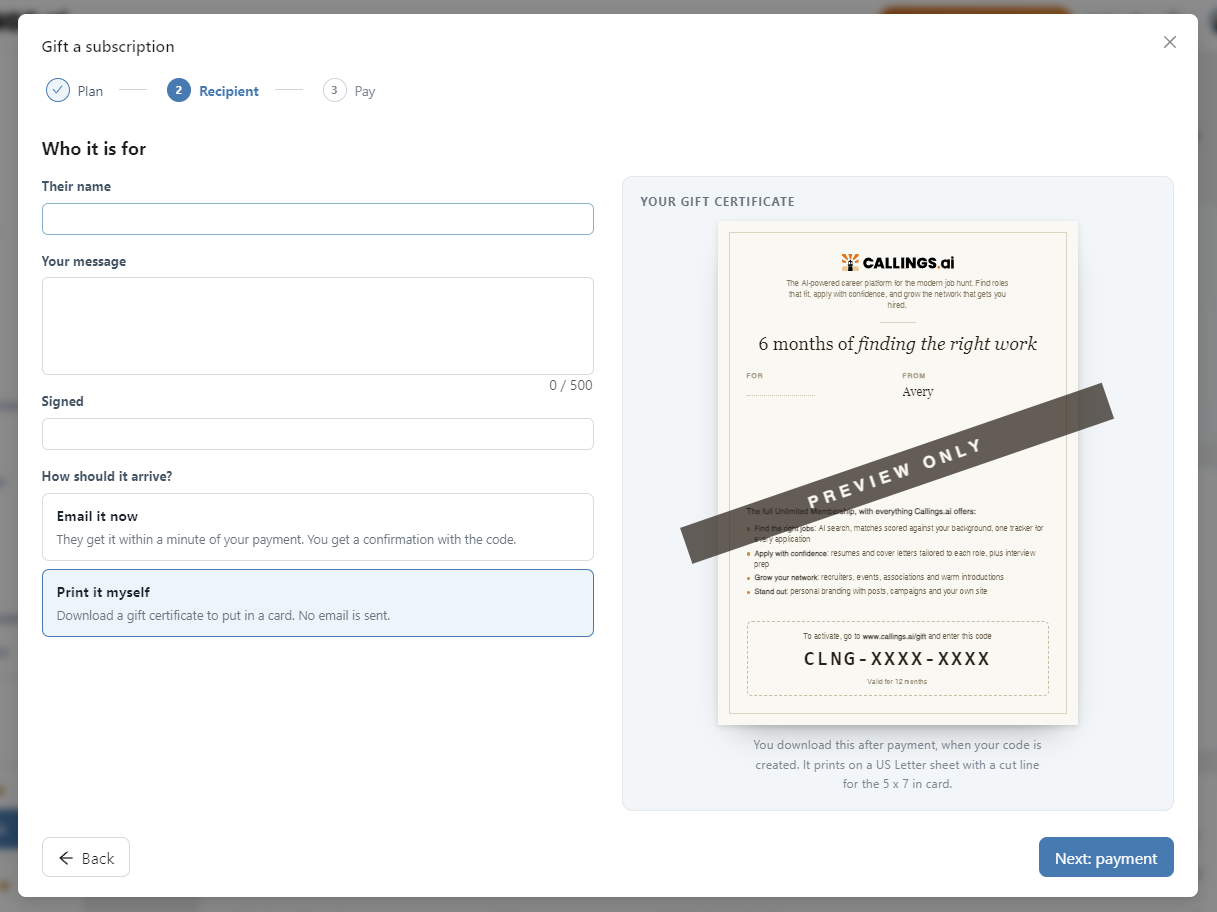 The gift wizard on the Recipient step with the live email preview