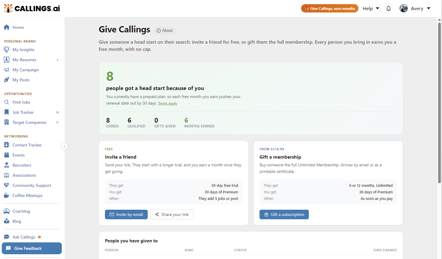The Give Callings page with the Invite a friend and Gift a membership options