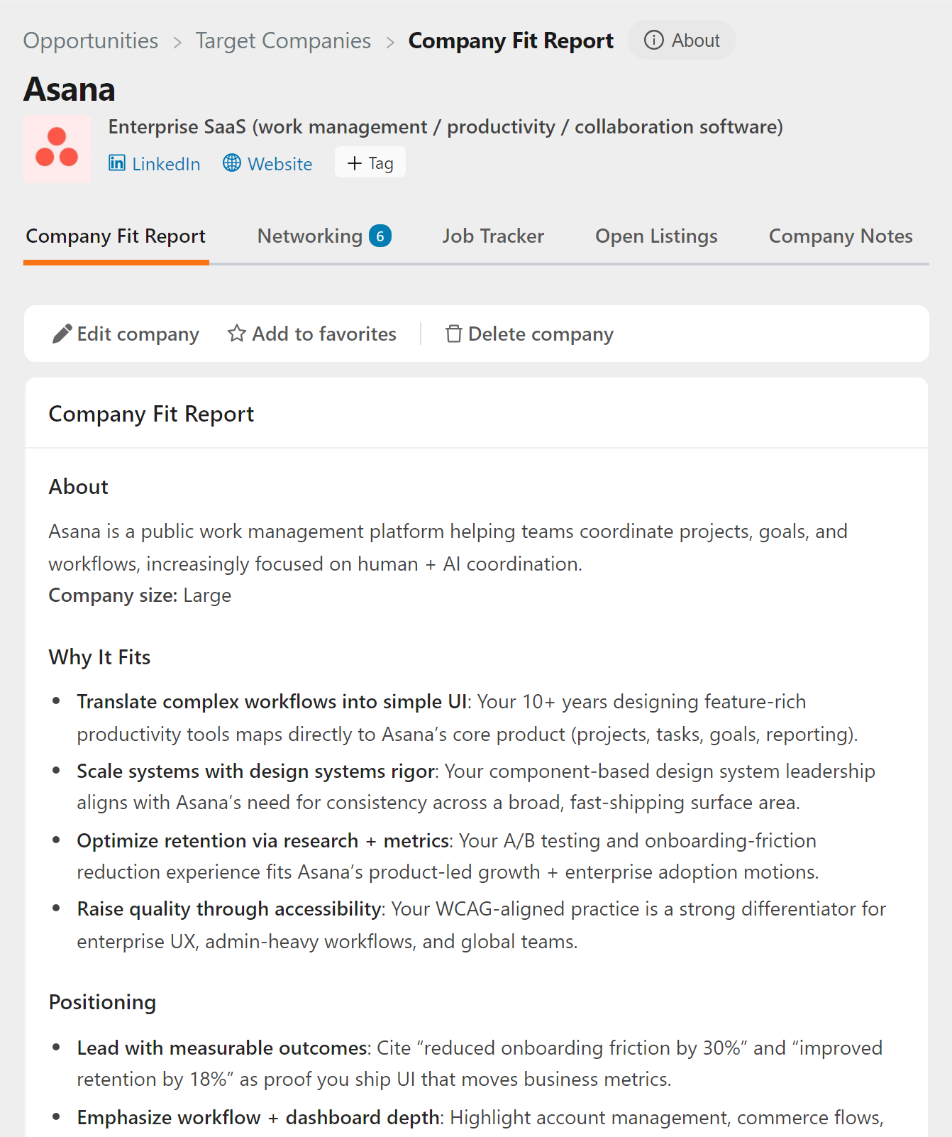 Company Fit Report tab