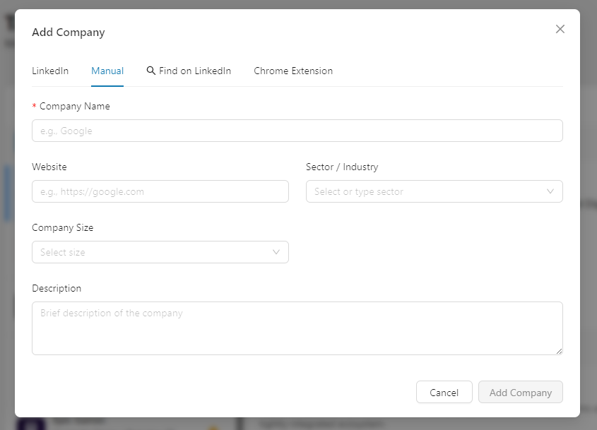 Add Company Modal Tabs