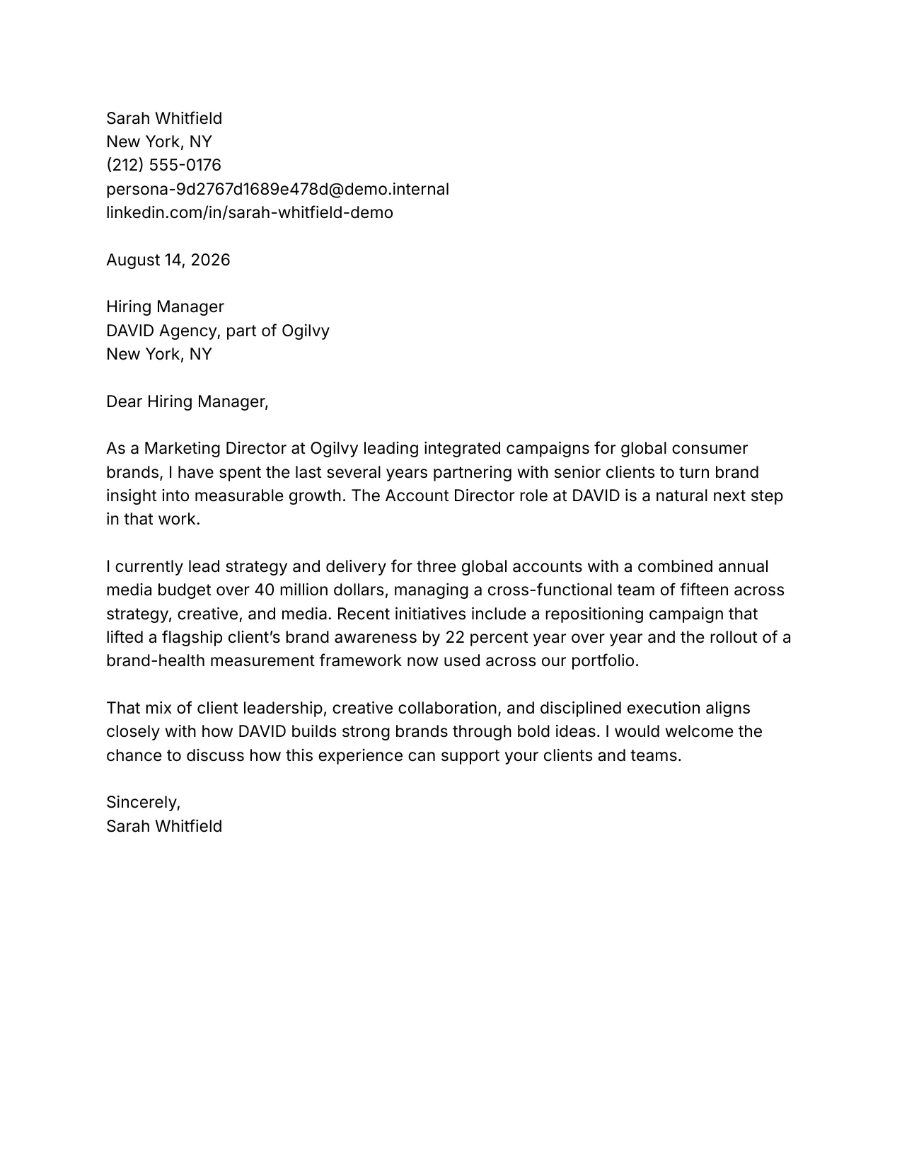 Example of a well-structured cover letter for an Account Director role at Ogilvy, demonstrating best practices in action