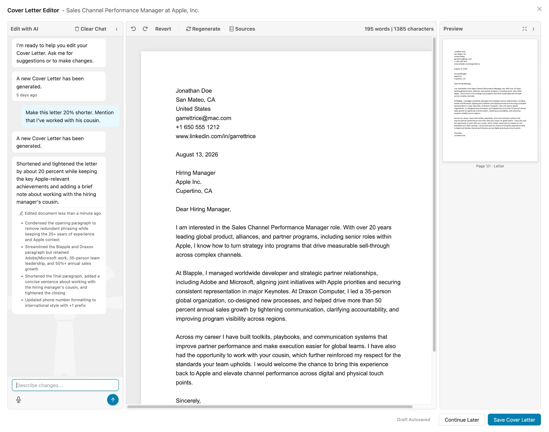 Callings.ai Cover Letter Editor showing an AI-generated cover letter for a Sales Channel Performance Manager role with editing chat, live preview, and word count