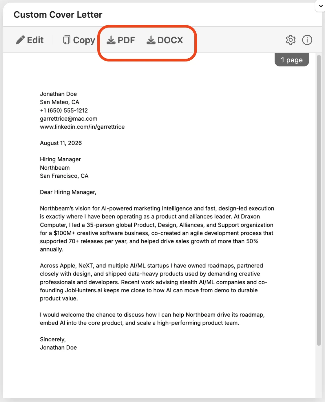 Cover letter export options highlighted, showing PDF and DOCX download buttons in the Callings.ai word processor