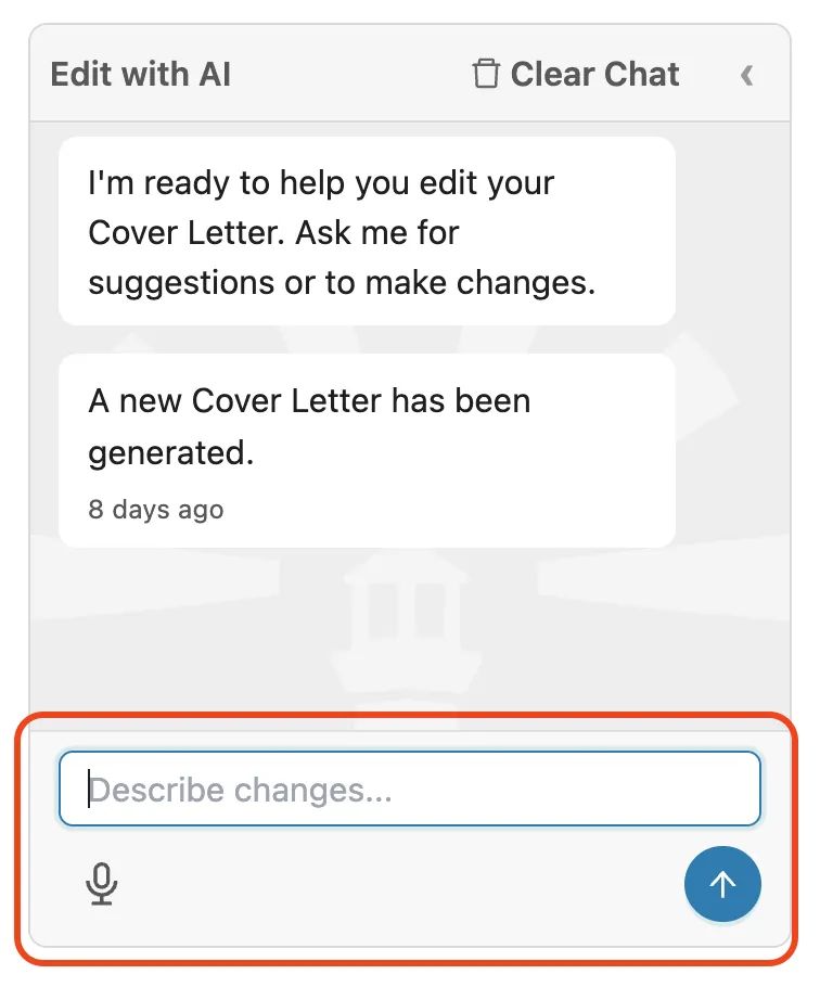 Prompt-based AI editor highlighted, showing the Describe changes input field for editing cover letters with plain-language instructions